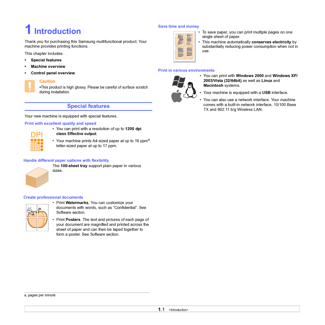 Samsung ML-D1630A manual Introduction, Special features Machine overview Control panel overview 