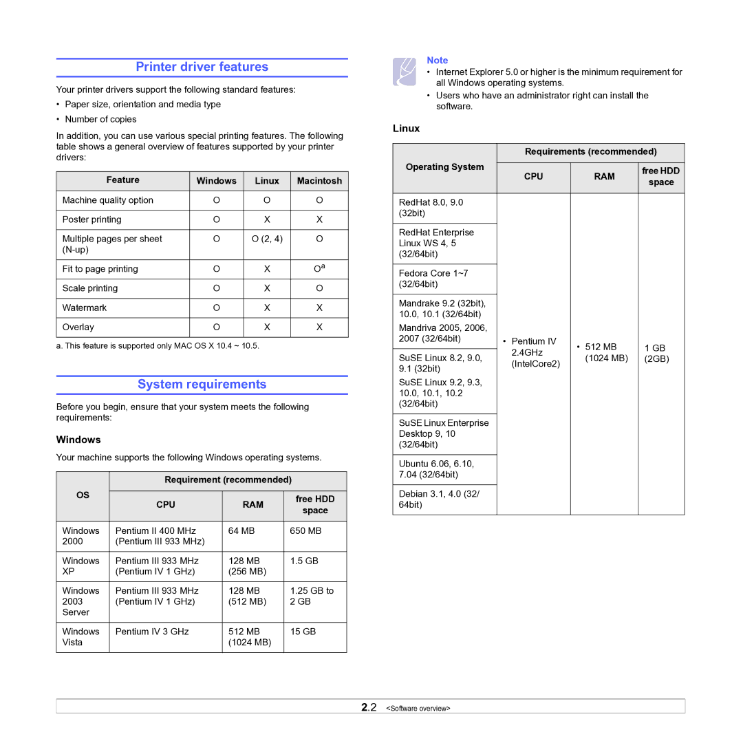 Samsung ML-D1630A manual Printer driver features, System requirements 