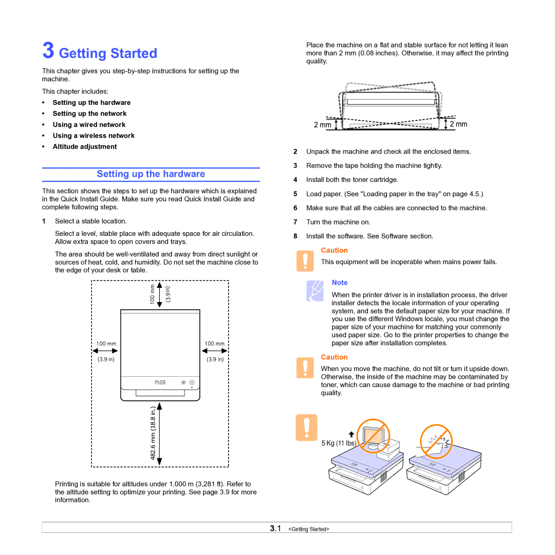 Samsung ML-D1630A manual Getting Started, Setting up the hardware 