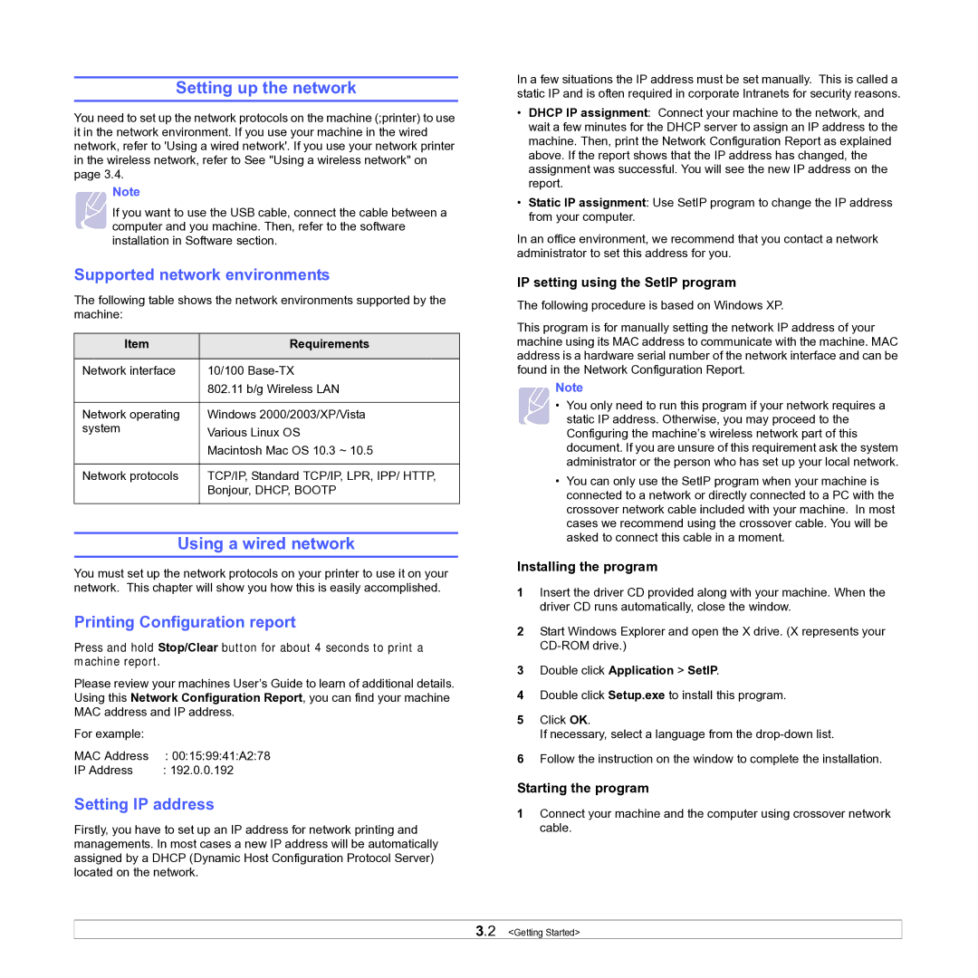 Samsung ML-D1630A manual Setting up the network, Using a wired network, Supported network environments, Setting IP address 