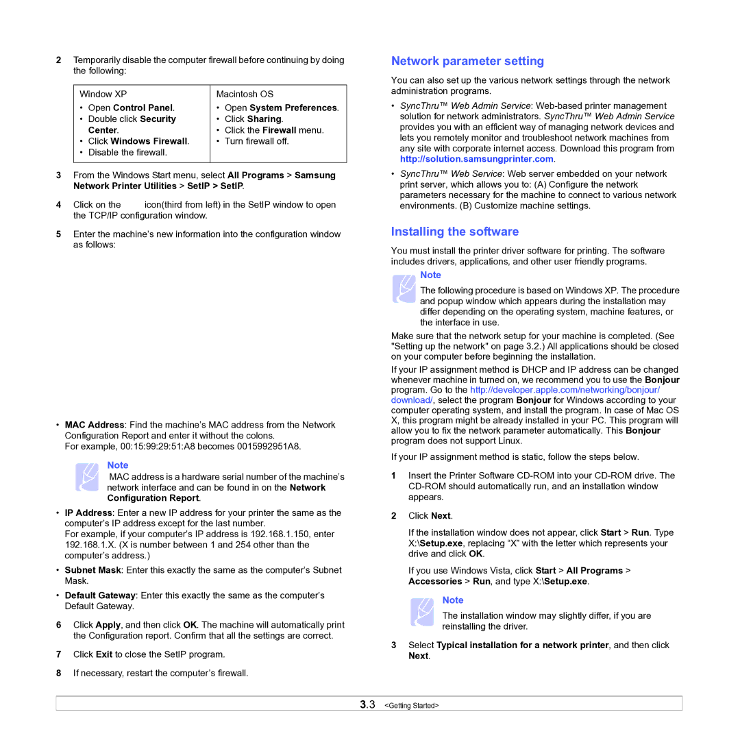 Samsung ML-D1630A Network parameter setting, Installing the software, Open Control Panel Open System Preferences, Center 