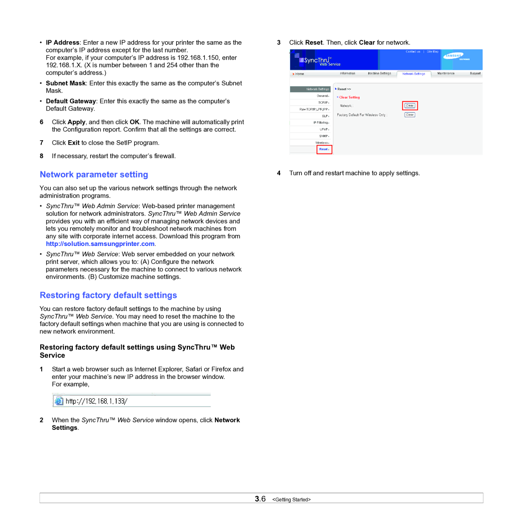 Samsung ML-D1630A manual Network parameter setting, Restoring factory default settings 