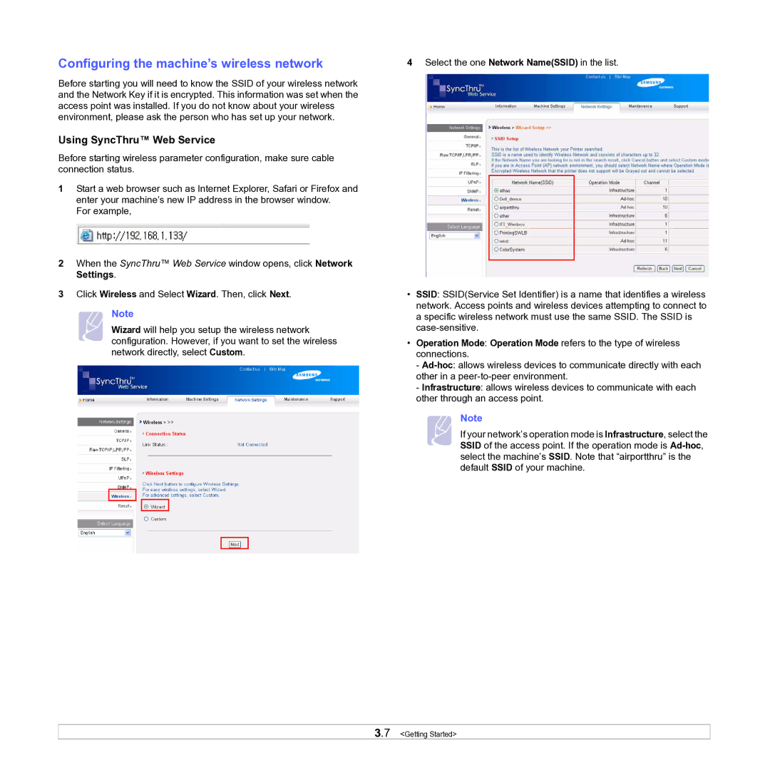 Samsung ML-D1630A manual Configuring the machine’s wireless network, Using SyncThru Web Service 