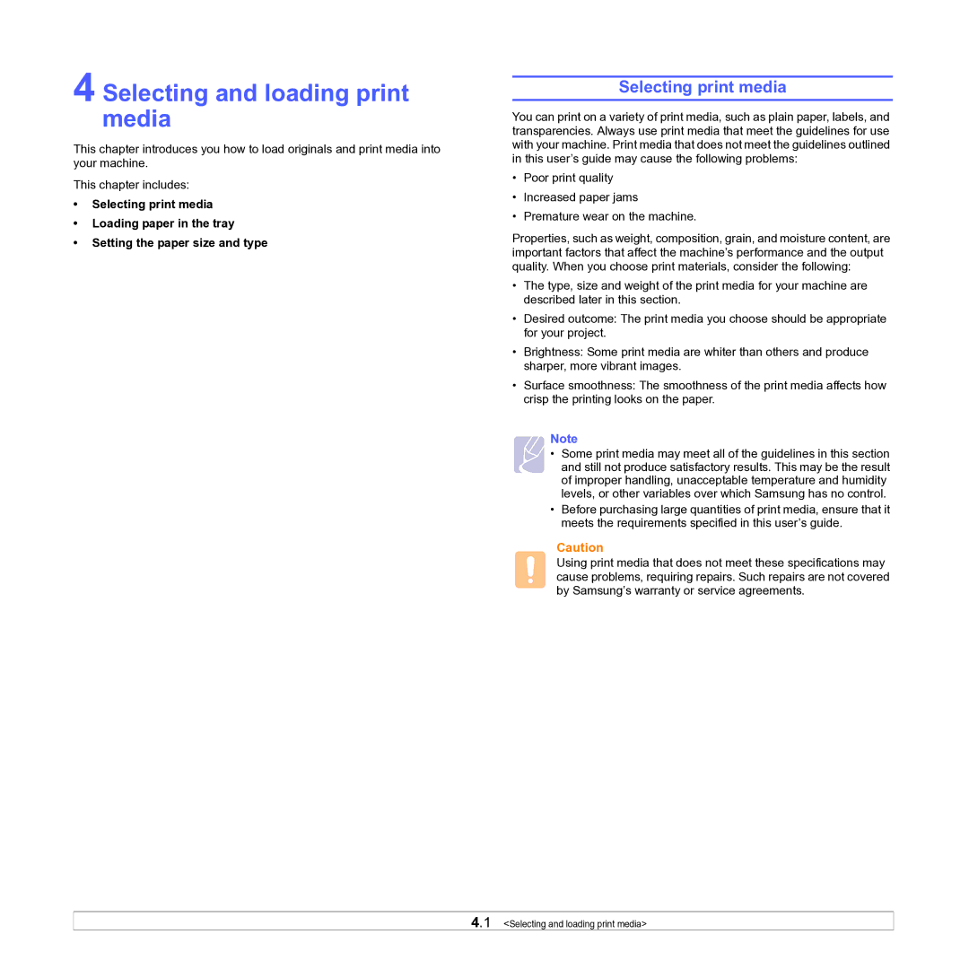 Samsung ML-D1630A manual Selecting and loading print media, Selecting print media 