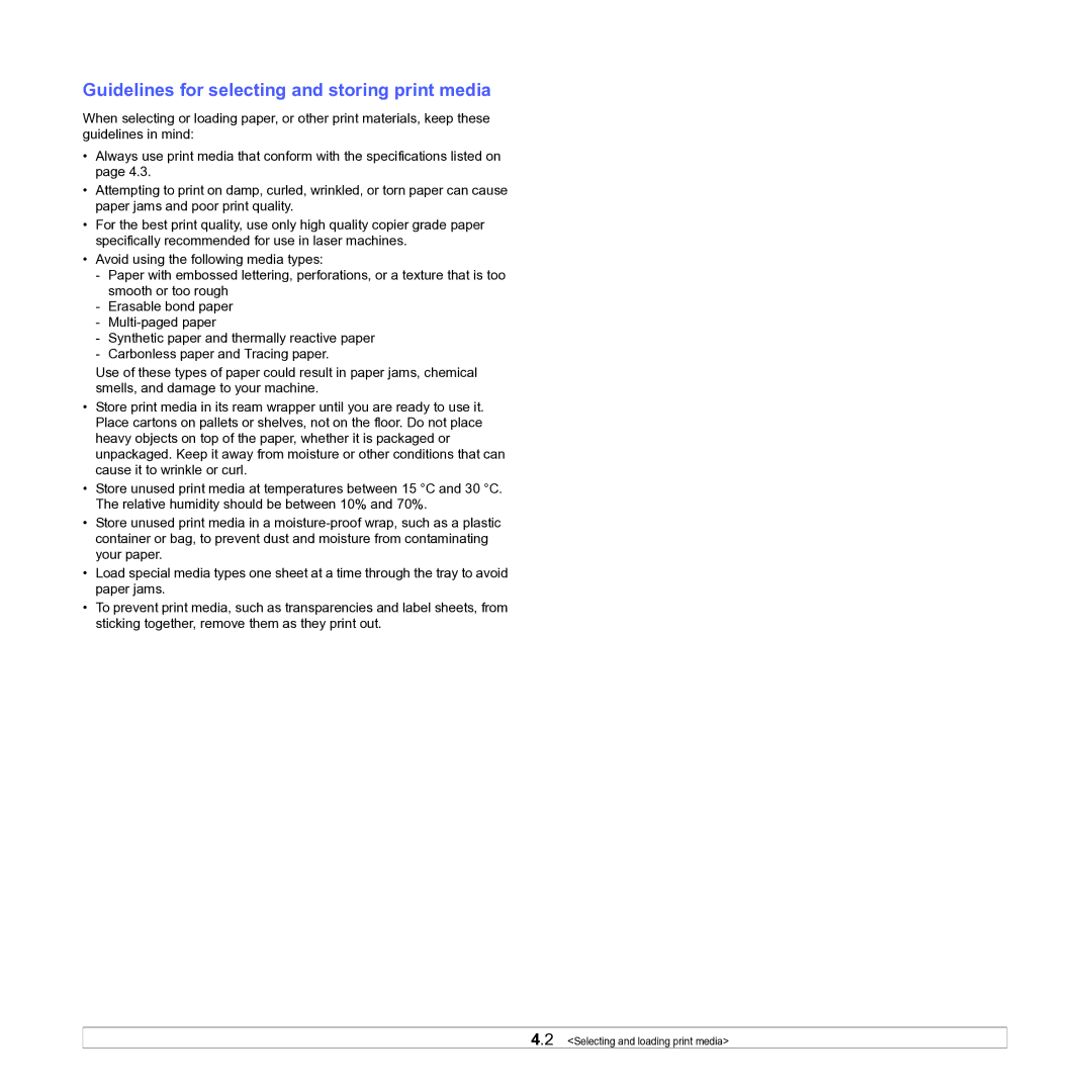 Samsung ML-D1630A manual Guidelines for selecting and storing print media 