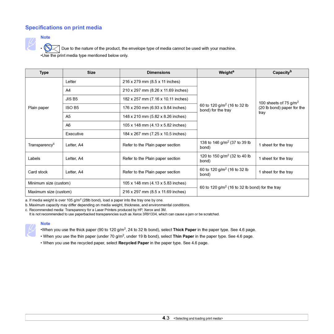 Samsung ML-D1630A manual Specifications on print media, Type Size Dimensions Weighta Capacityb 