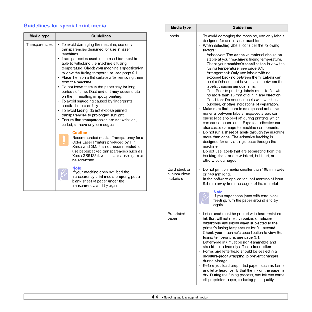 Samsung ML-D1630A manual Guidelines for special print media, Media type Guidelines 