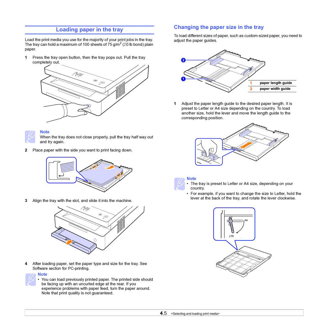 Samsung ML-D1630A manual Loading paper in the tray, Changing the paper size in the tray 