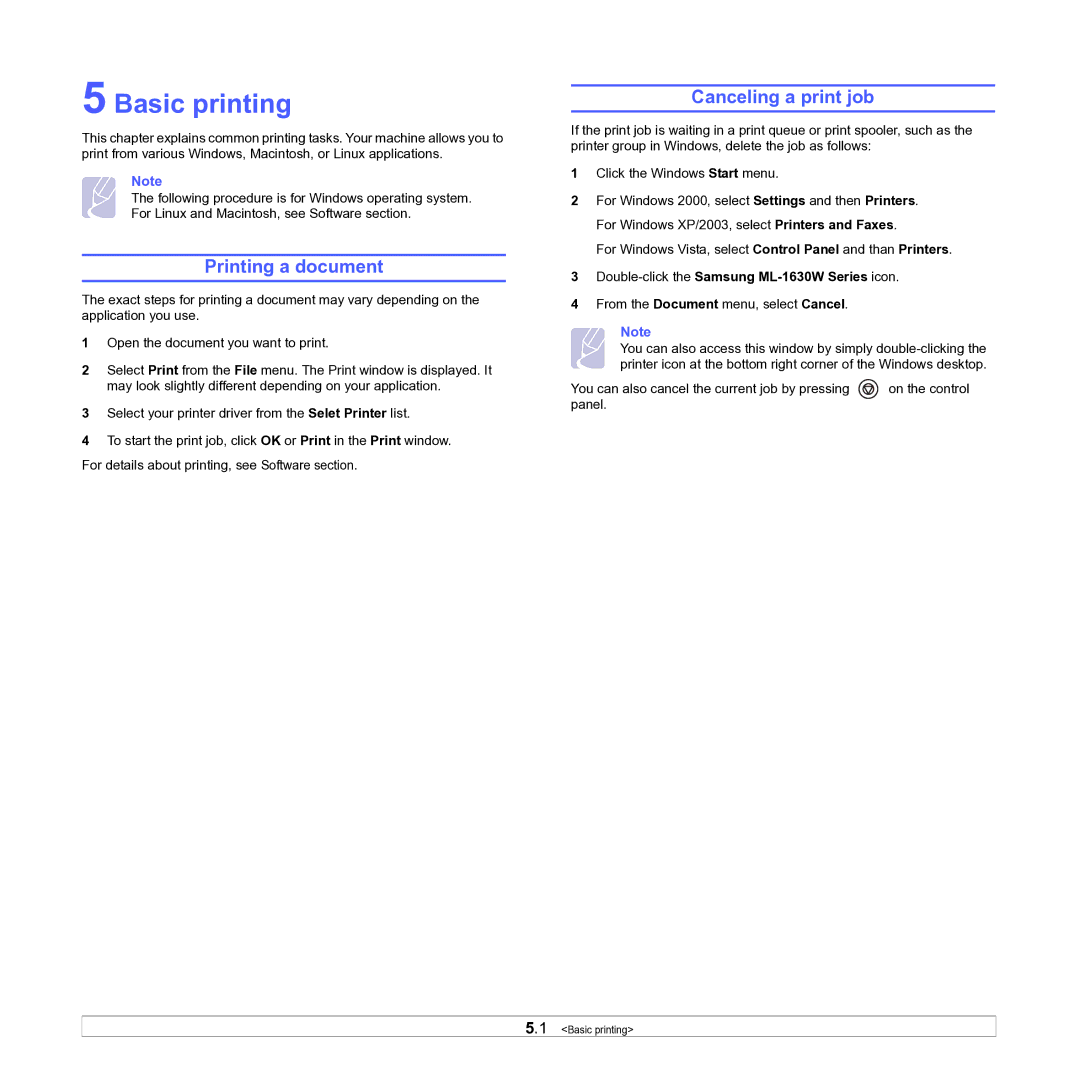 Samsung ML-D1630A manual Basic printing, Printing a document, Canceling a print job 