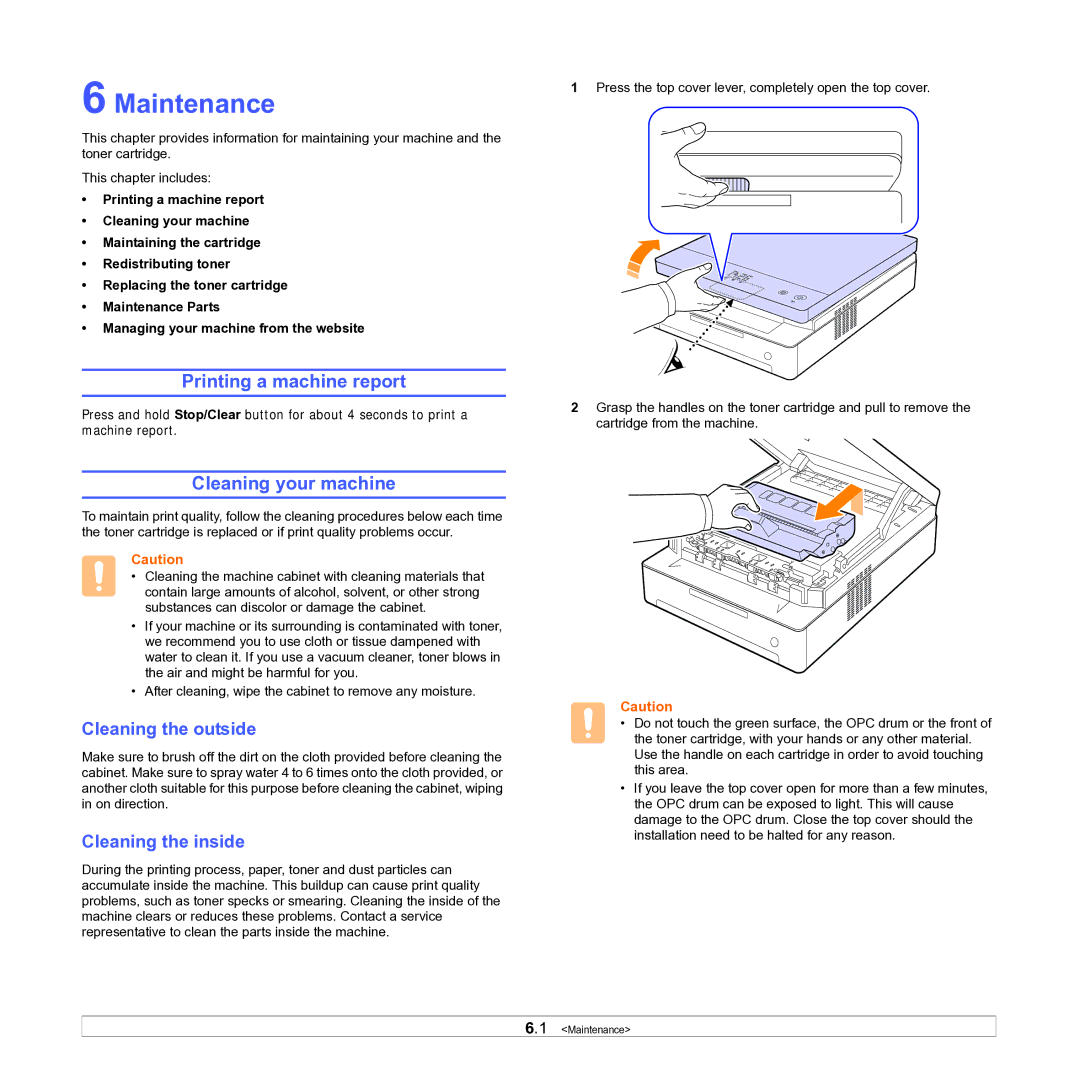 Samsung ML-D1630A Maintenance, Printing a machine report, Cleaning your machine, Cleaning the outside, Cleaning the inside 