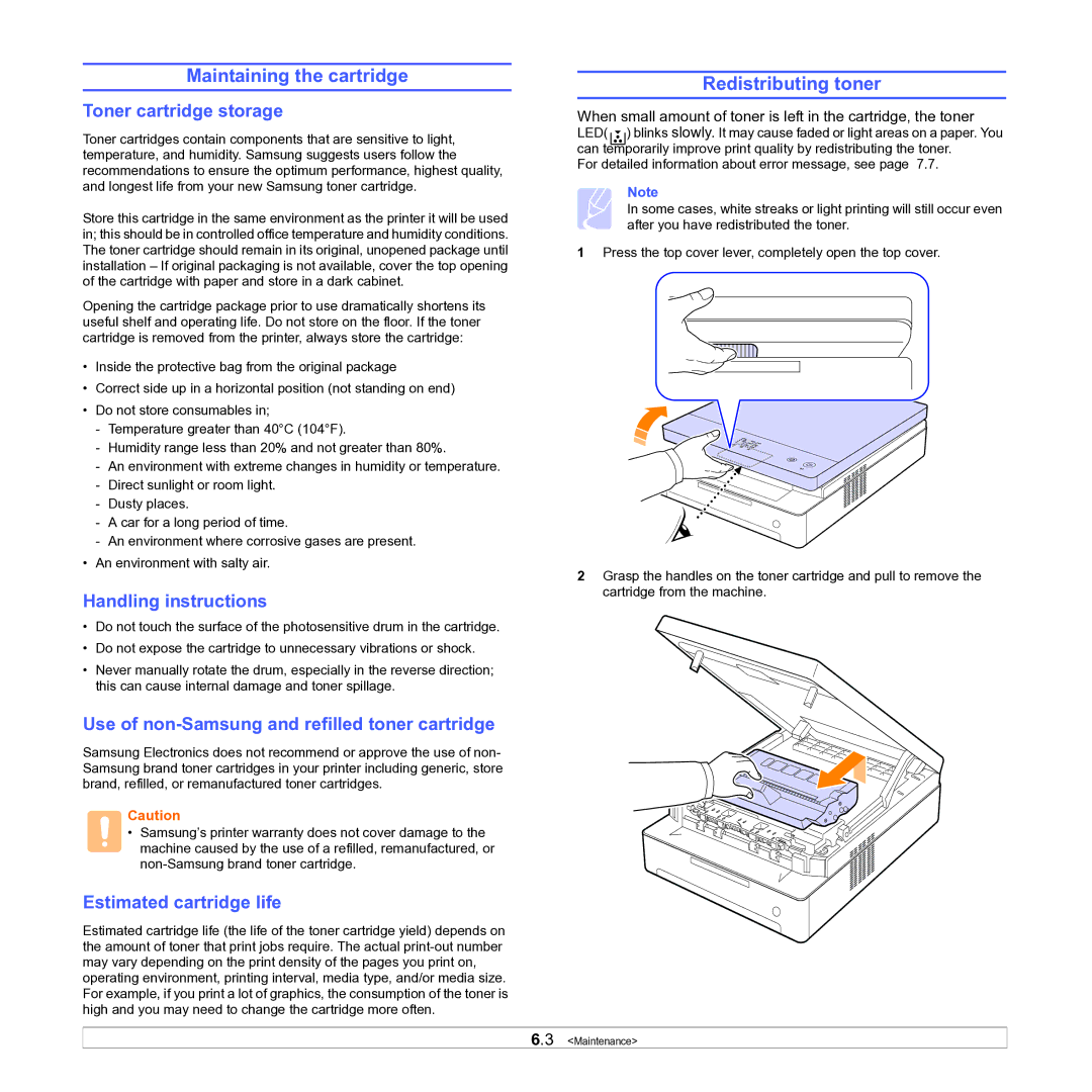 Samsung ML-D1630A manual Maintaining the cartridge, Redistributing toner 