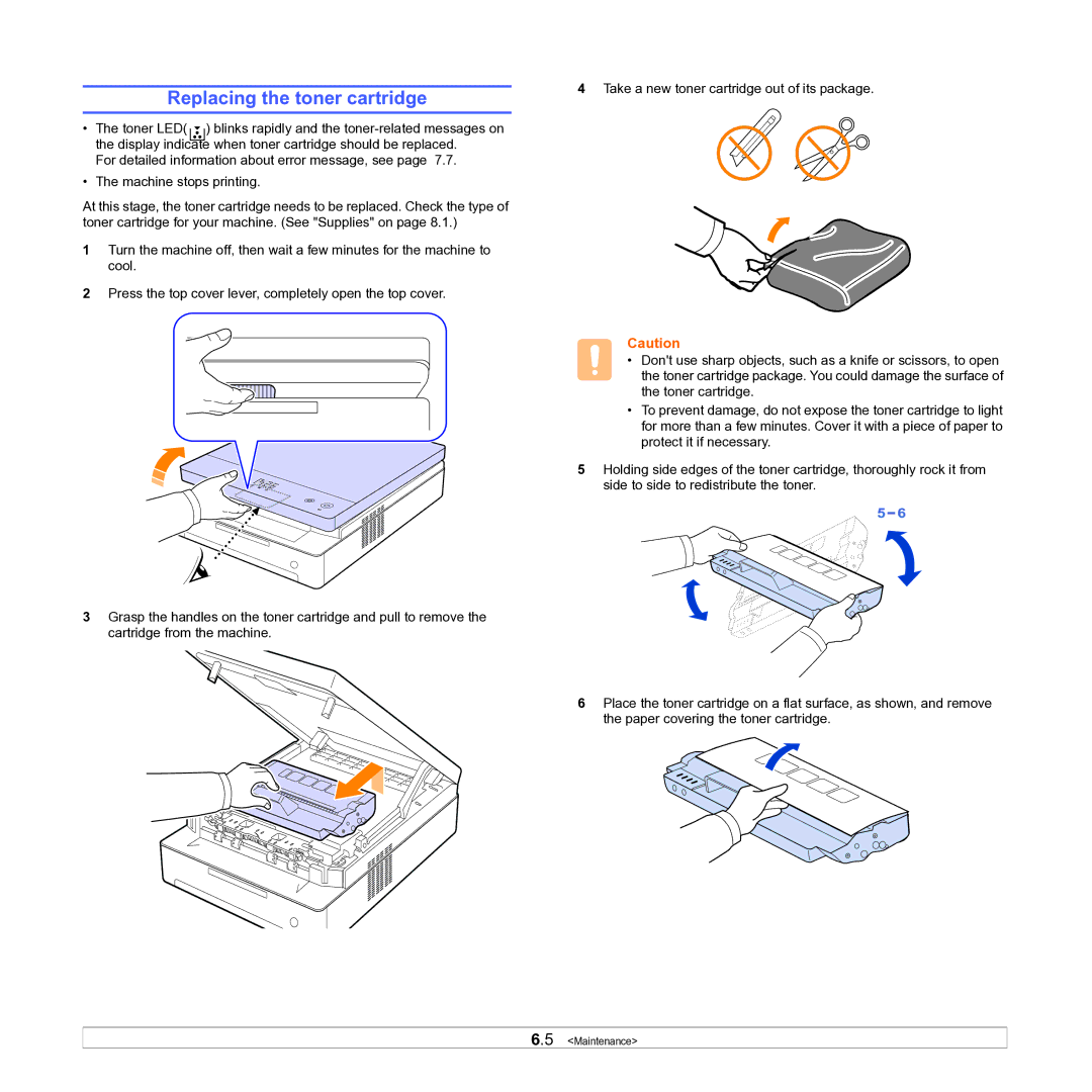 Samsung ML-D1630A manual Replacing the toner cartridge 