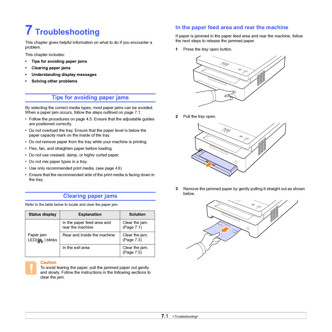 Samsung ML-D1630A Troubleshooting, Tips for avoiding paper jams, Clearing paper jams, Paper feed area and rear the machine 