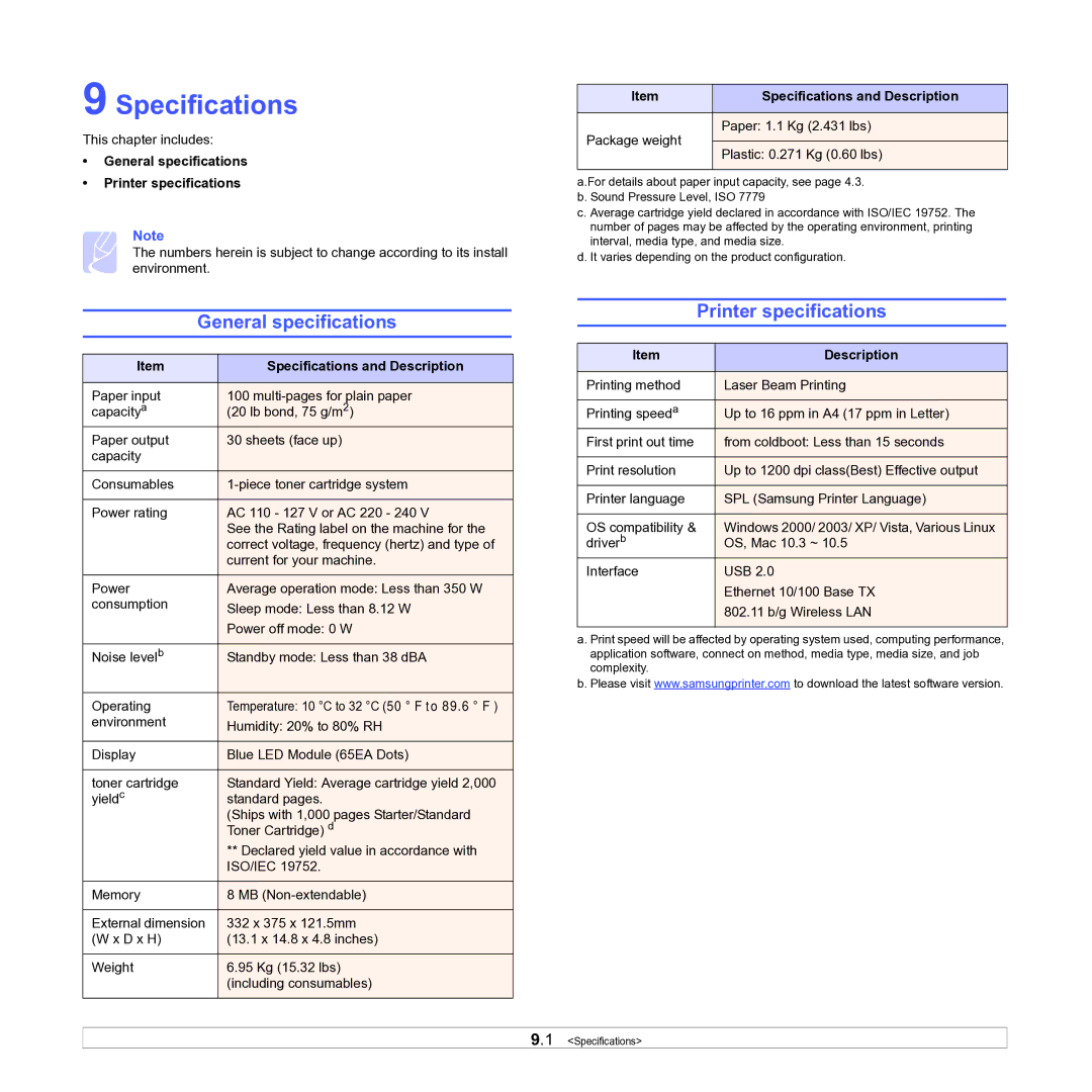 Samsung ML-D1630A manual General specifications, Printer specifications, Specifications and Description 