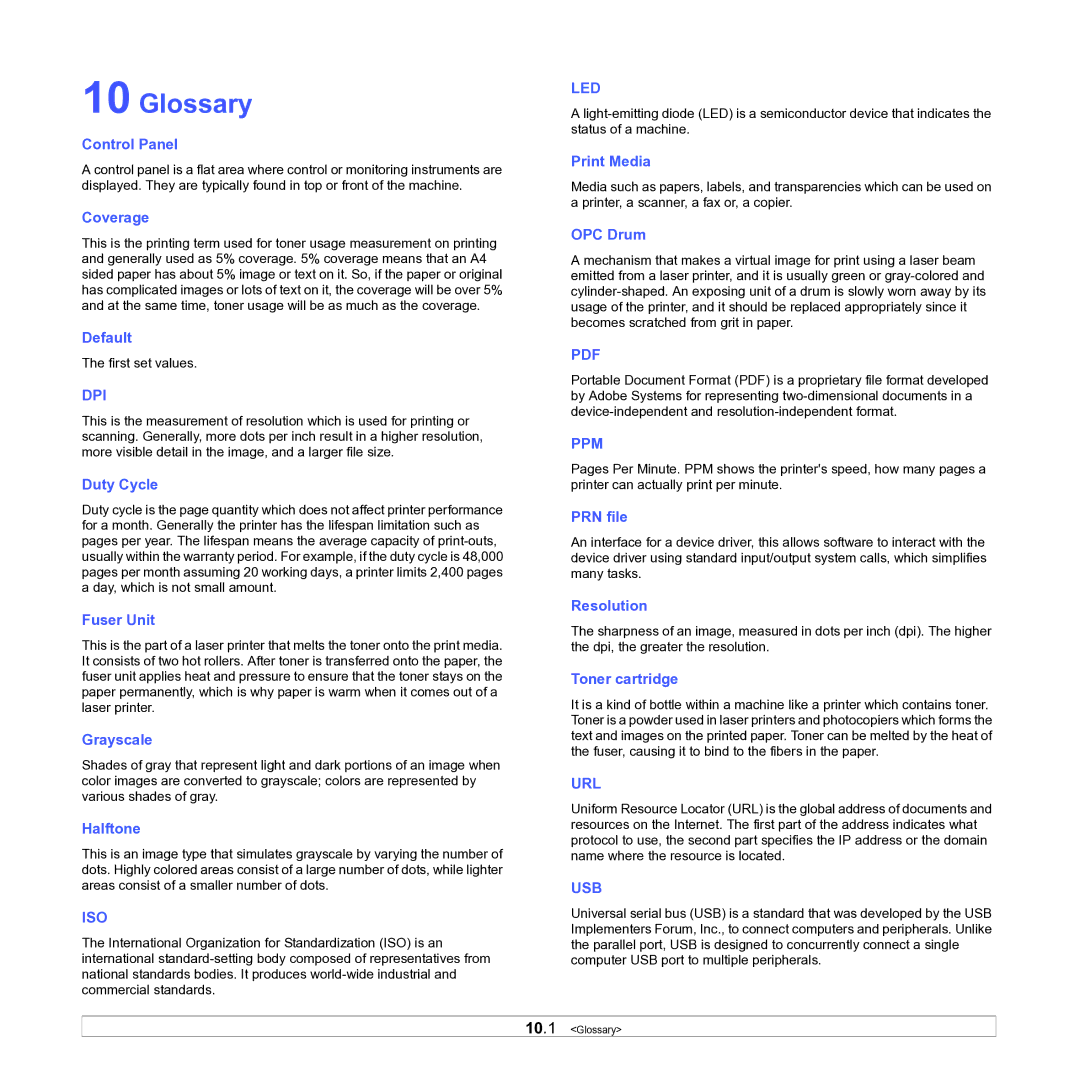 Samsung ML-D1630A manual Glossary, Control Panel 