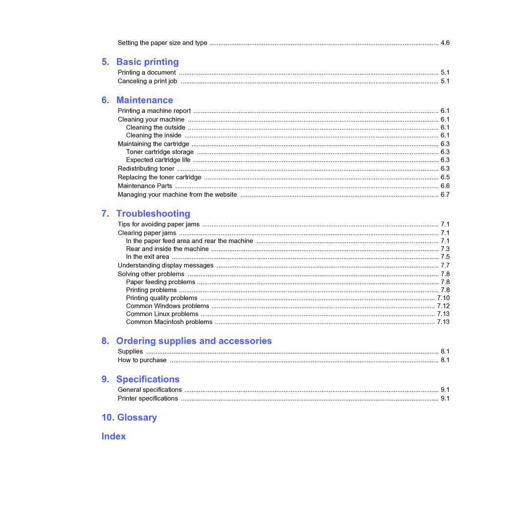 Samsung ML-D1630A manual Basic printing, Maintenance, Troubleshooting, Ordering supplies and accessories, Specifications 