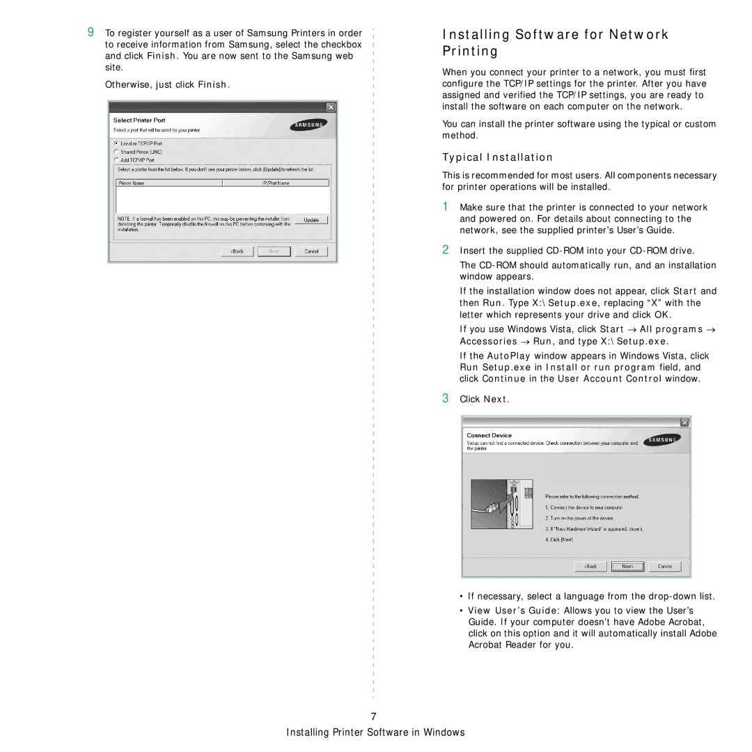 Samsung ML-D1630A manual Installing Software for Network Printing 