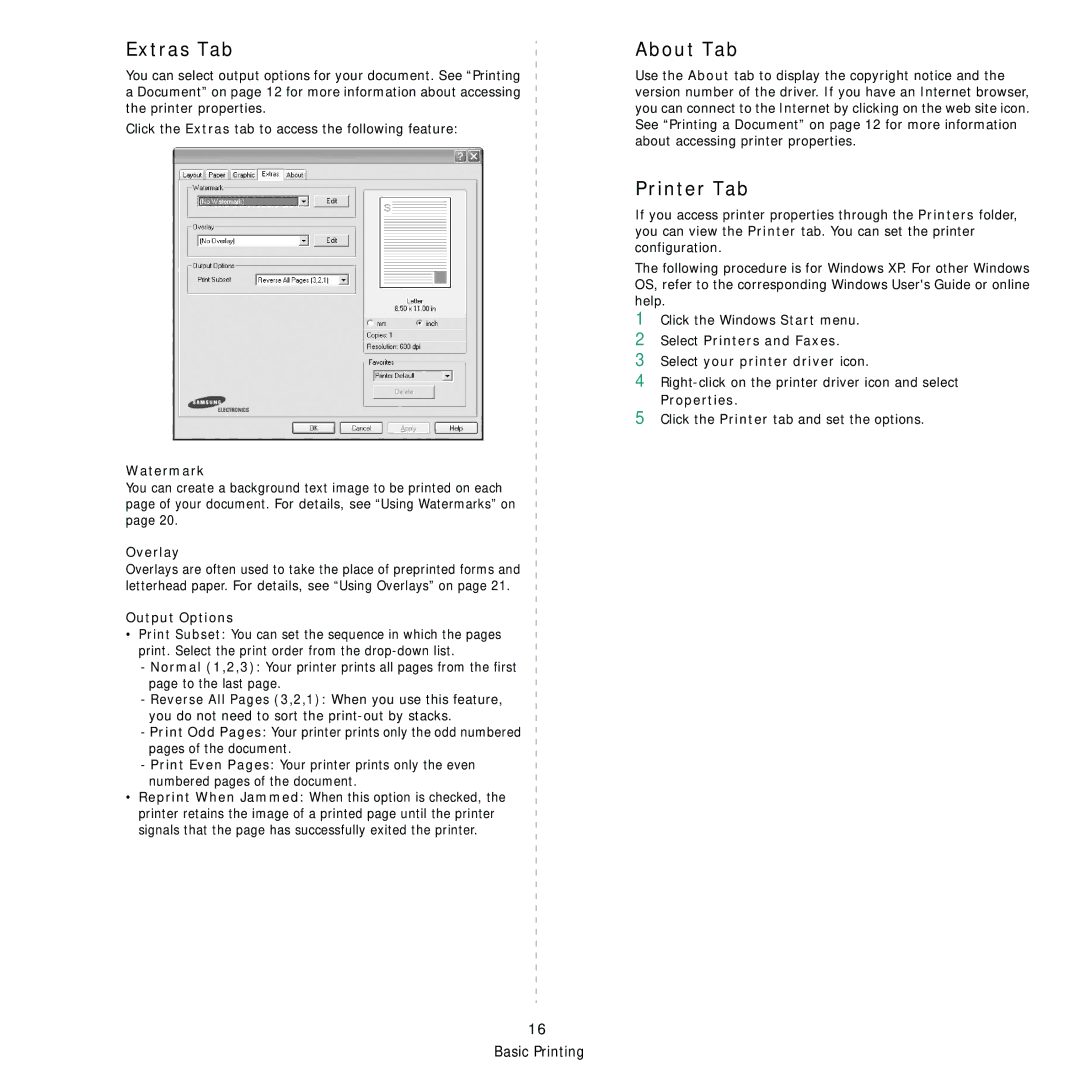 Samsung ML-D1630A manual Extras Tab, About Tab, Printer Tab 