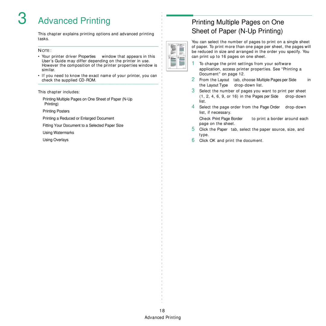 Samsung ML-D1630A manual Advanced Printing, Printing Multiple Pages on One Sheet of Paper N-Up Printing 