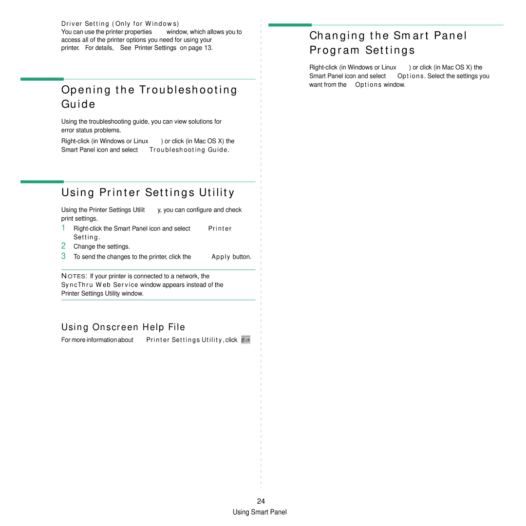 Samsung ML-D1630A manual Opening the Troubleshooting Guide, Using Printer Settings Utility, Using Onscreen Help File 