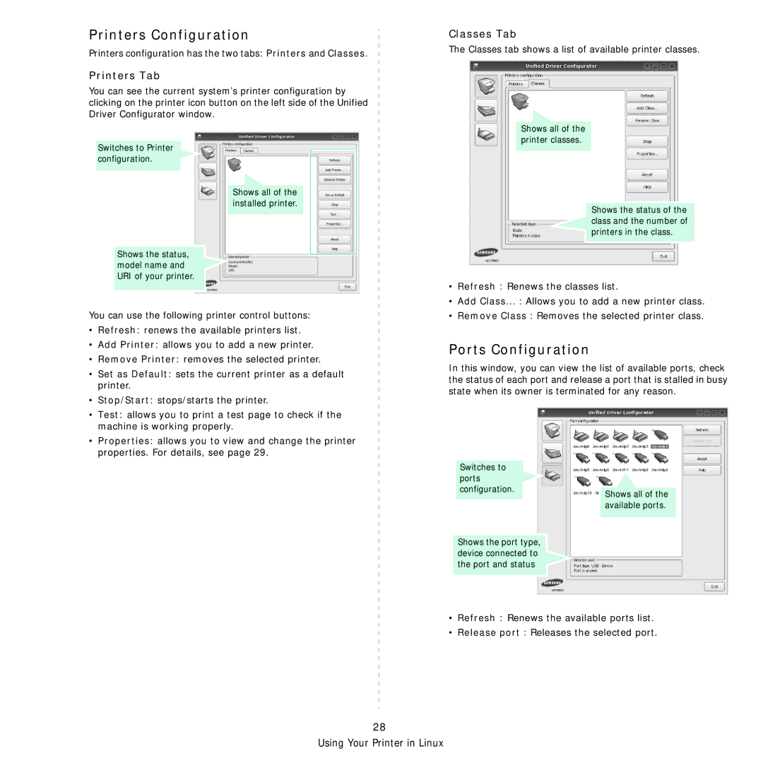 Samsung ML-D1630A manual Printers Configuration, Ports Configuration 