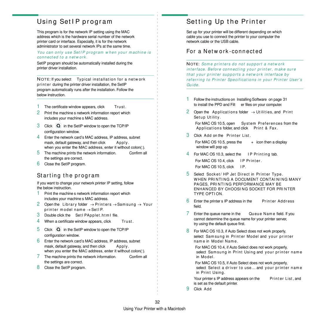 Samsung ML-D1630A manual Setting Up the Printer, For a Network-connected, Click Add on the Printer List 