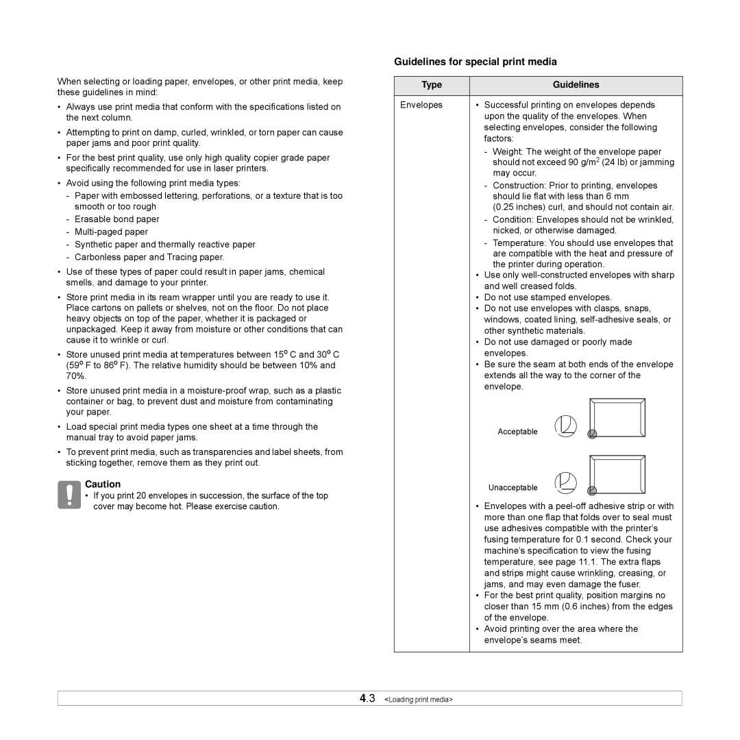 Samsung ML-D2850A Guidelines for selecting and storing print media, Guidelines for special print media, Type Guidelines 