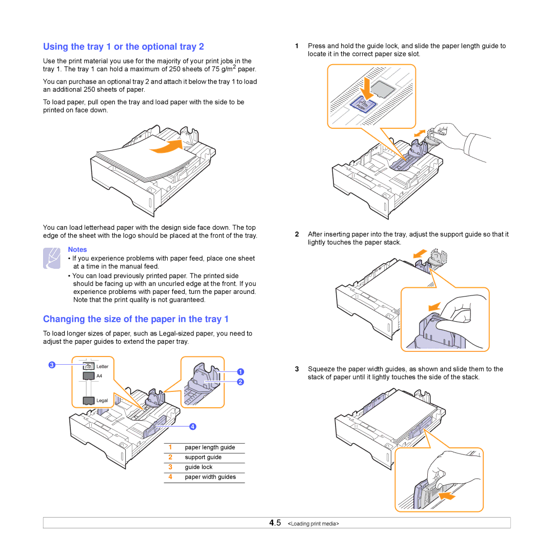 Samsung ML-S2850A, ML-D2850A, ML-D2850B Using the tray 1 or the optional tray, Changing the size of the paper in the tray 