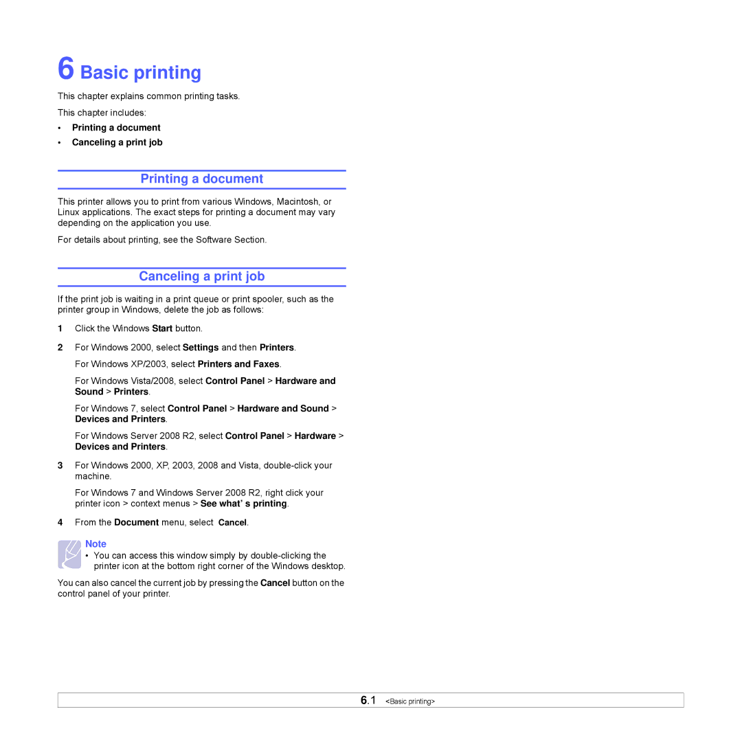 Samsung ML-D2850A, ML-D2850B, ML-S2850A manual Basic printing, Printing a document Canceling a print job 