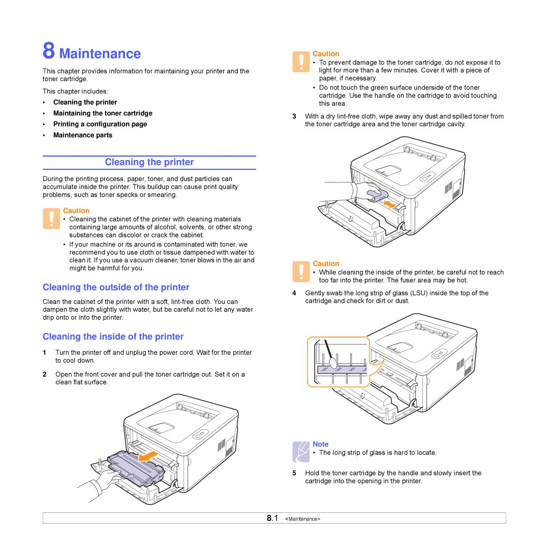 Samsung ML-S2850A, ML-D2850A, ML-D2850B manual Maintenance, Cleaning the printer, Cleaning the outside of the printer 