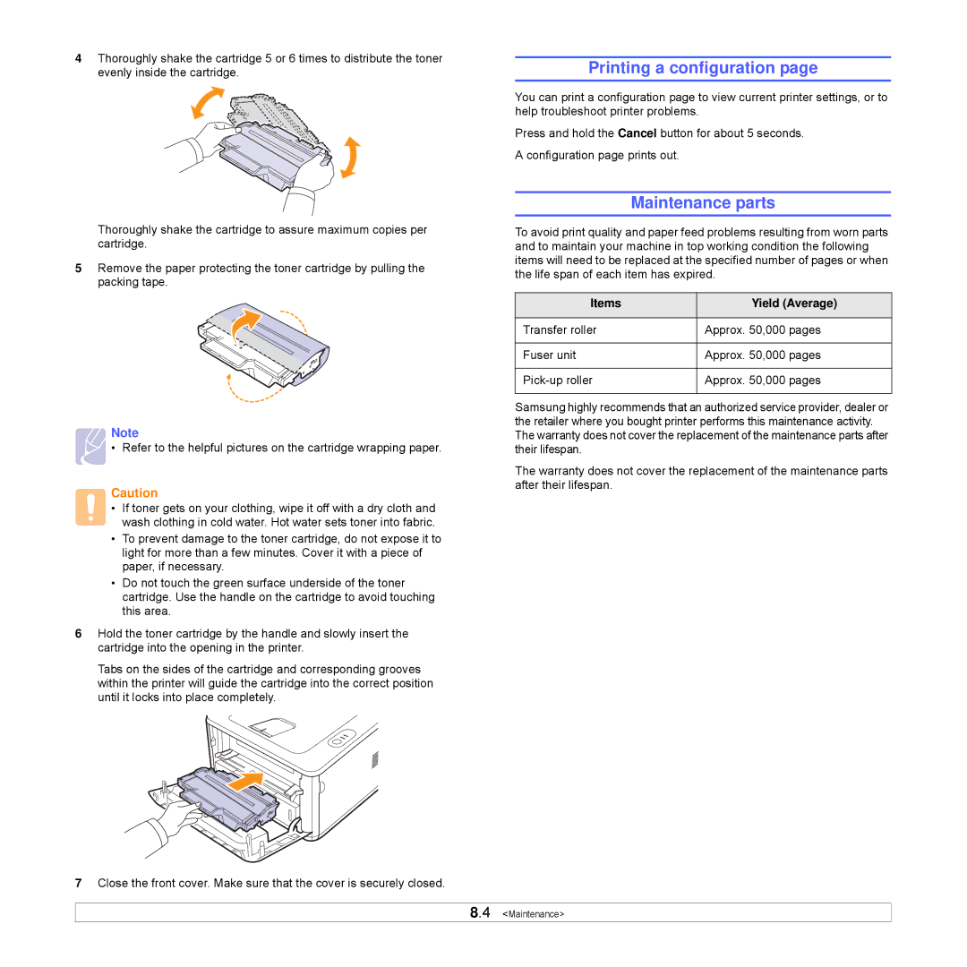 Samsung ML-S2850A, ML-D2850A, ML-D2850B manual Printing a configuration, Maintenance parts, Items Yield Average 