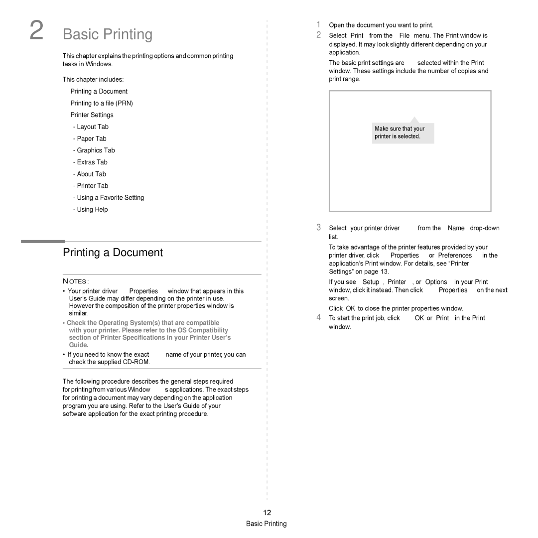 Samsung ML-D2850A, ML-D2850B, ML-S2850A manual Printing a Document, Select your printer driver from the Name drop-down list 