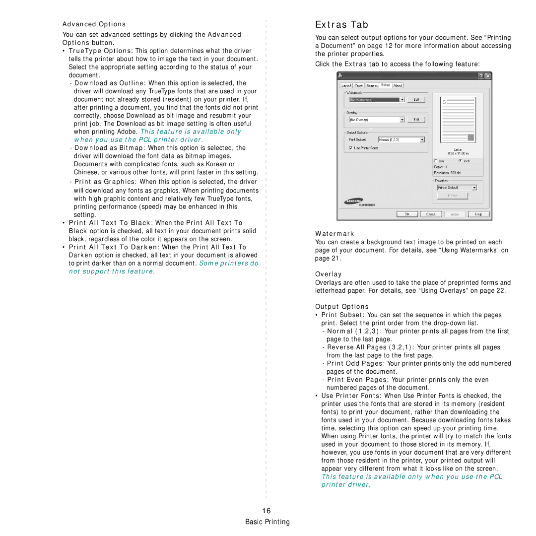 Samsung ML-D2850B, ML-D2850A, ML-S2850A manual Extras Tab, Advanced Options, Watermark, Overlay, Output Options 