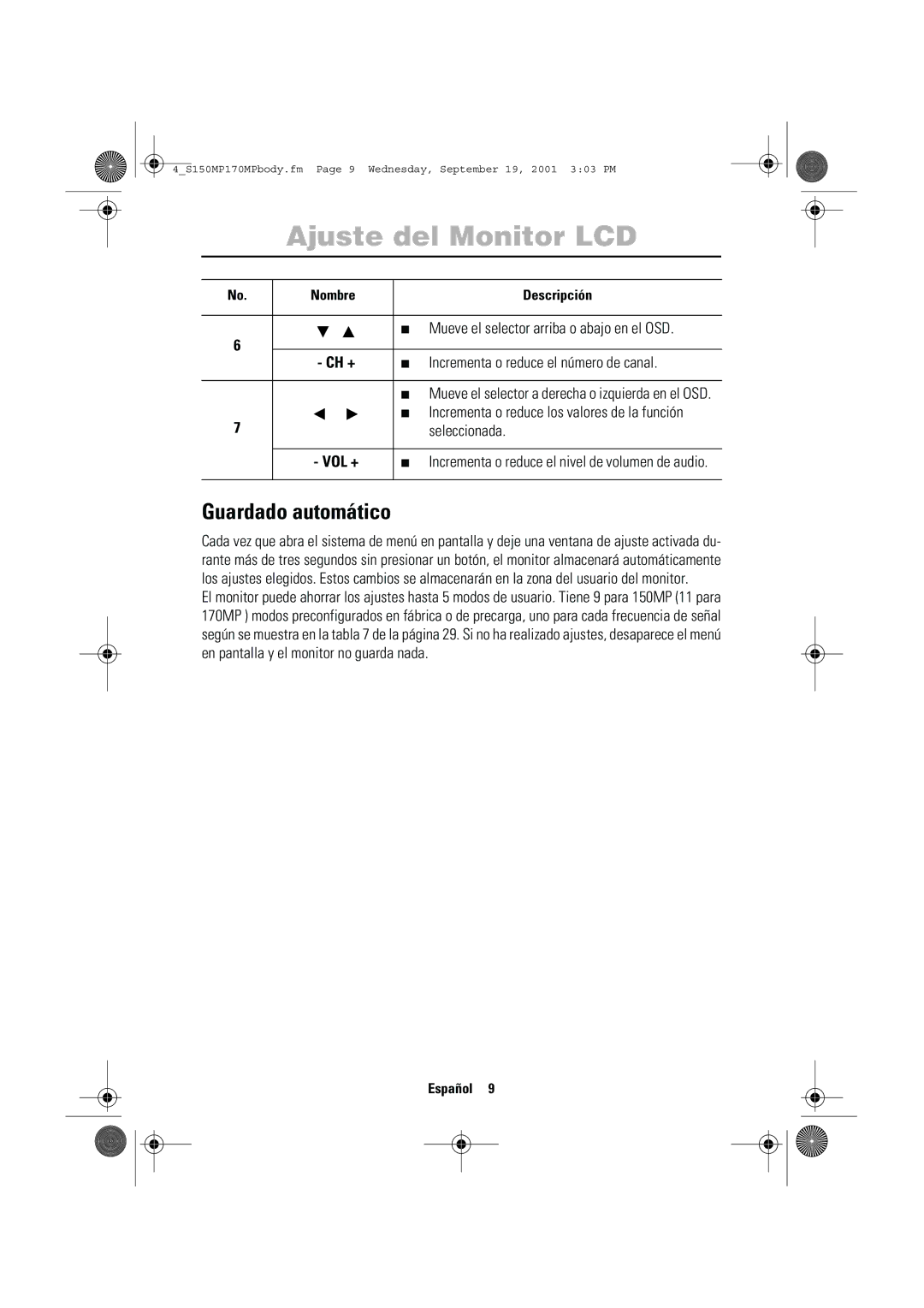 Samsung ML17ASSS/EDC, ML15ASASS/EDC, ML15ASSSS/EDC, ML15ASSS/EDC, ML17ASSSS/EDC manual Guardado automático, Ch +, Vol + 