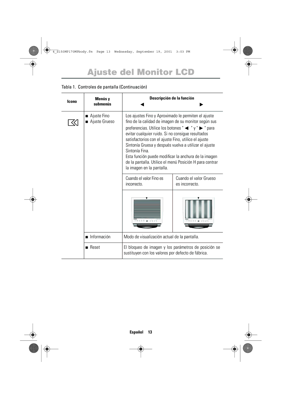 Samsung ML15ASASS/EDC, ML17ASSS/EDC, ML15ASSSS/EDC Tabla 1. Controles de pantalla Continuación, Ajuste Fino, Ajuste Grueso 