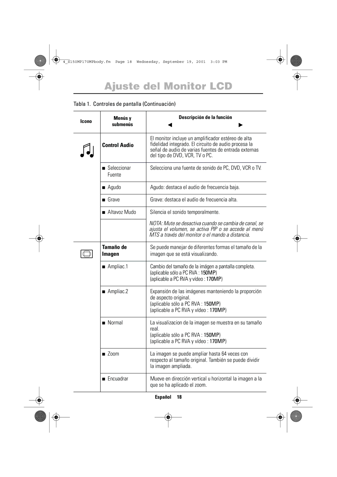 Samsung ML15ASASS/EDC, ML17ASSS/EDC, ML15ASSSS/EDC, ML15ASSS/EDC, ML17ASSSS/EDC manual Control Audio, Tamaño de, Imagen 