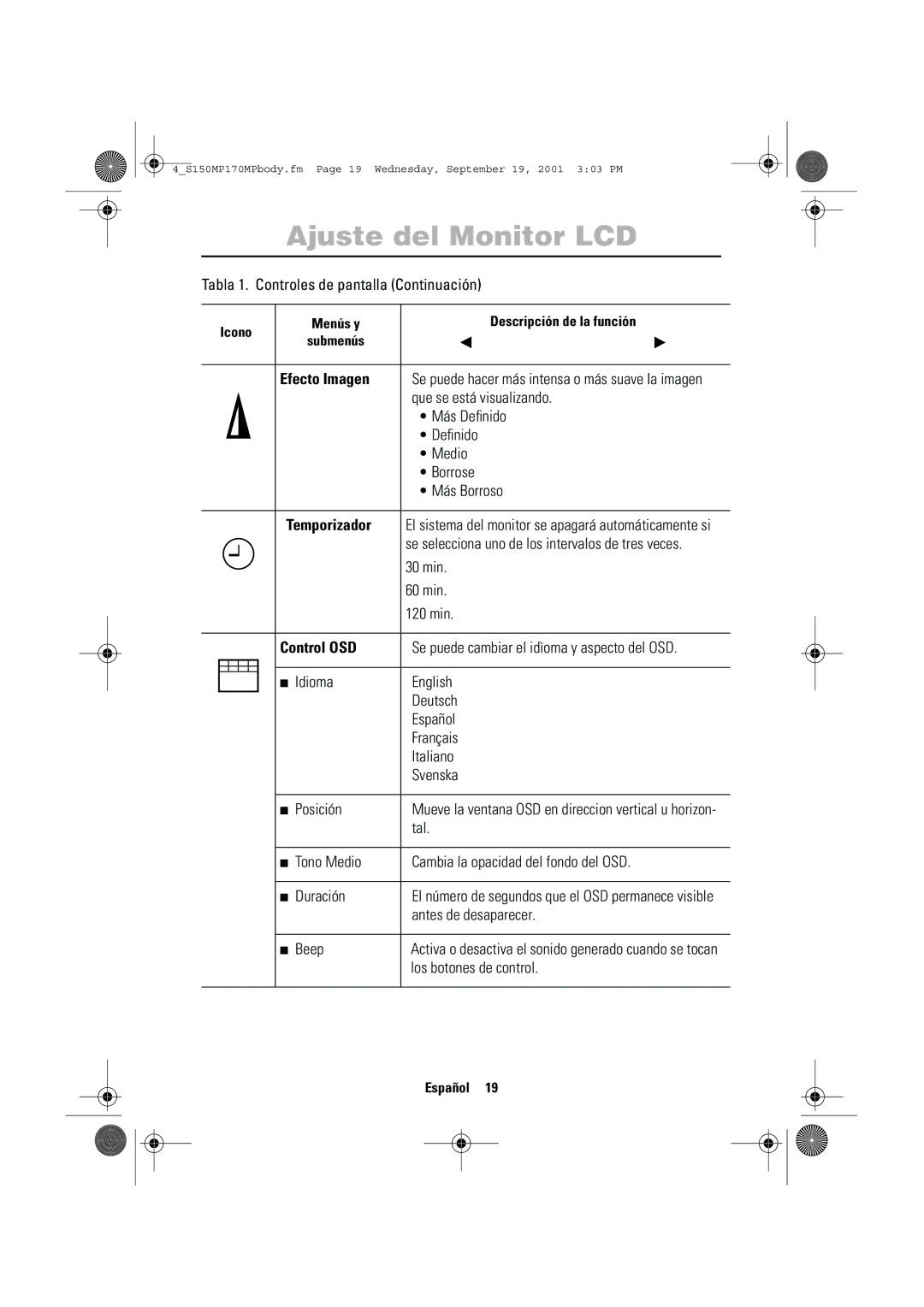 Samsung ML17ASSS/EDC, ML15ASASS/EDC, ML15ASSSS/EDC manual Efecto Imagen, Que se está visualizando, Temporizador, Control OSD 