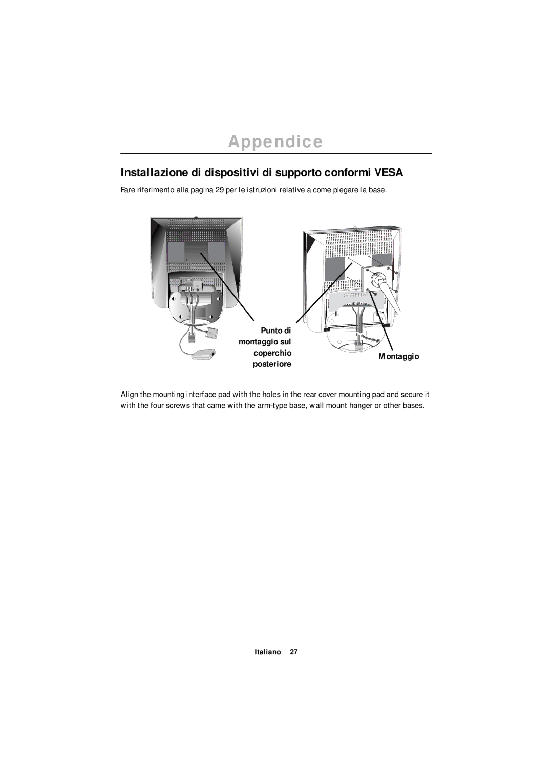 Samsung ML15XSSS/EDC manual Installazione di dispositivi di supporto conformi Vesa, Punto di, Coperchio, Posteriore 