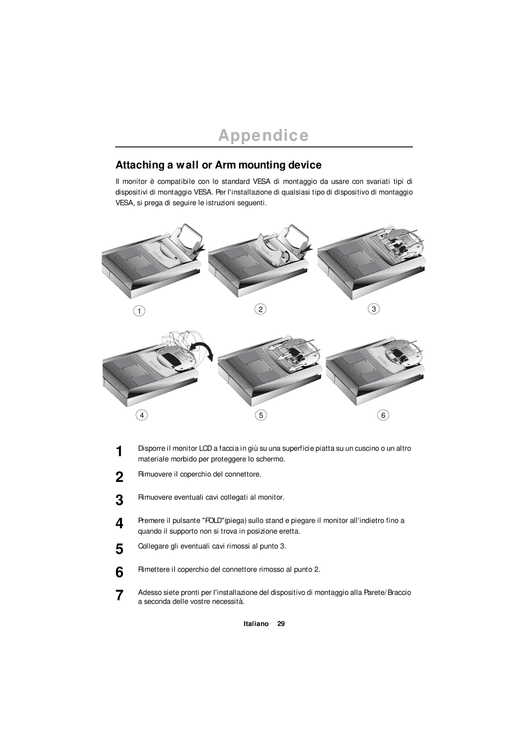 Samsung ML15XSSS/EDC manual Attaching a wall or Arm mounting device, Quando il supporto non si trova in posizione eretta 