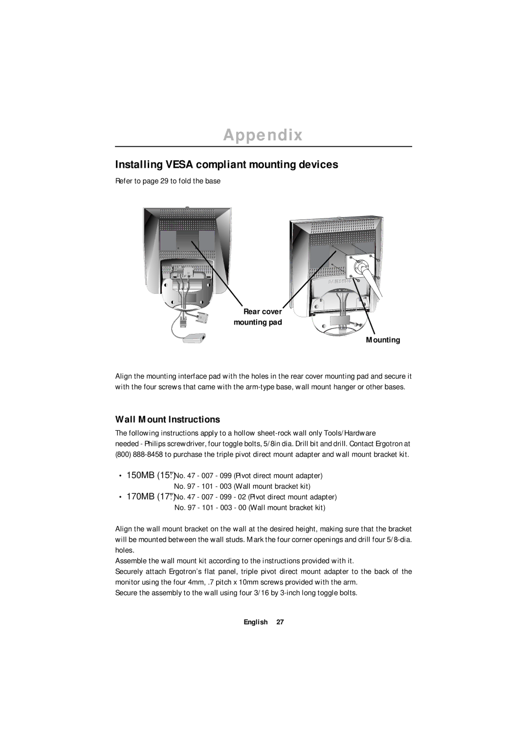 Samsung ML15XSASS Installing Vesa compliant mounting devices, Wall Mount Instructions, Refer to page 29 to fold the base 