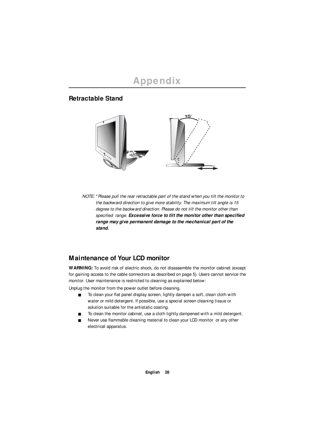 Samsung ML15XSSS/NLV, ML15XSSS/EDC, ML15XSASS/EDC, ML15X-SSS/EDC manual Retractable Stand Maintenance of Your LCD monitor 