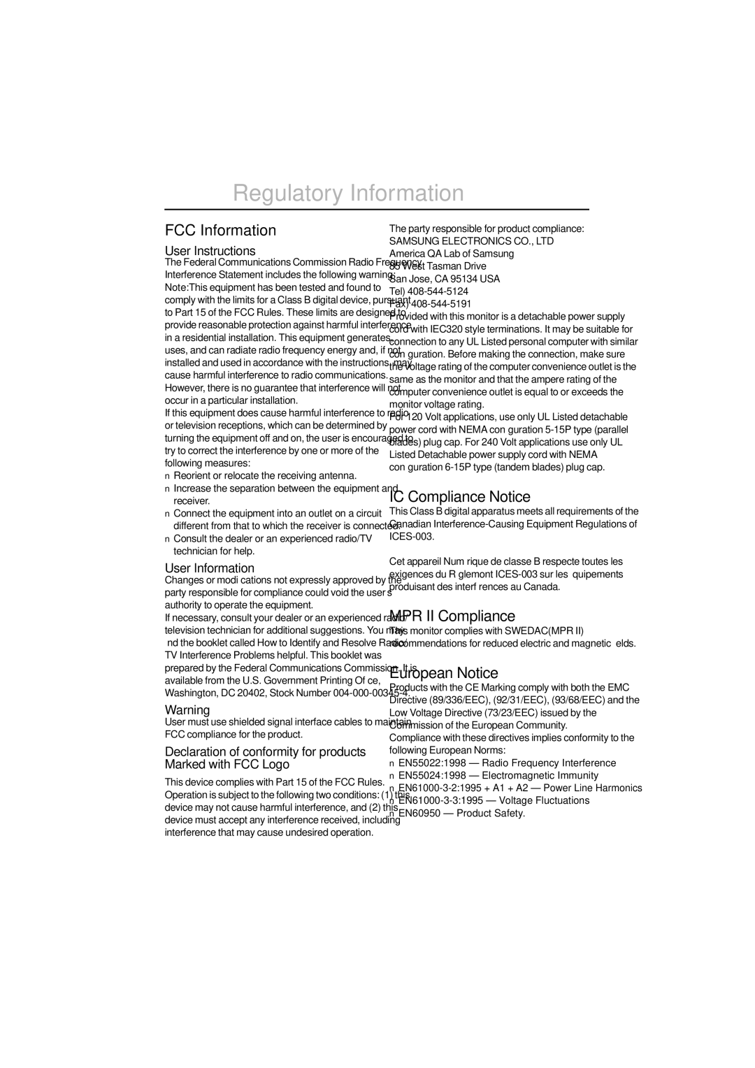 Samsung ML15X-SSS/EDC Regulatory Information, FCC Information, IC Compliance Notice, MPR II Compliance, European Notice 