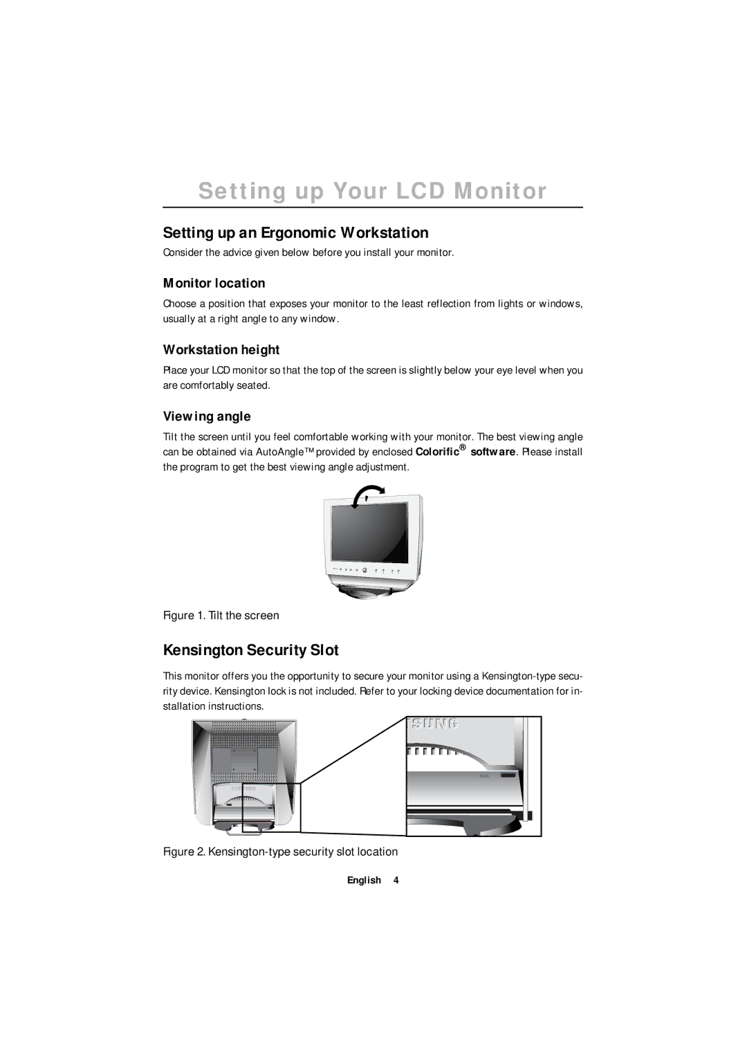 Samsung ML15XSSS/NLV, ML15XSASS Setting up Your LCD Monitor, Setting up an Ergonomic Workstation, Kensington Security Slot 