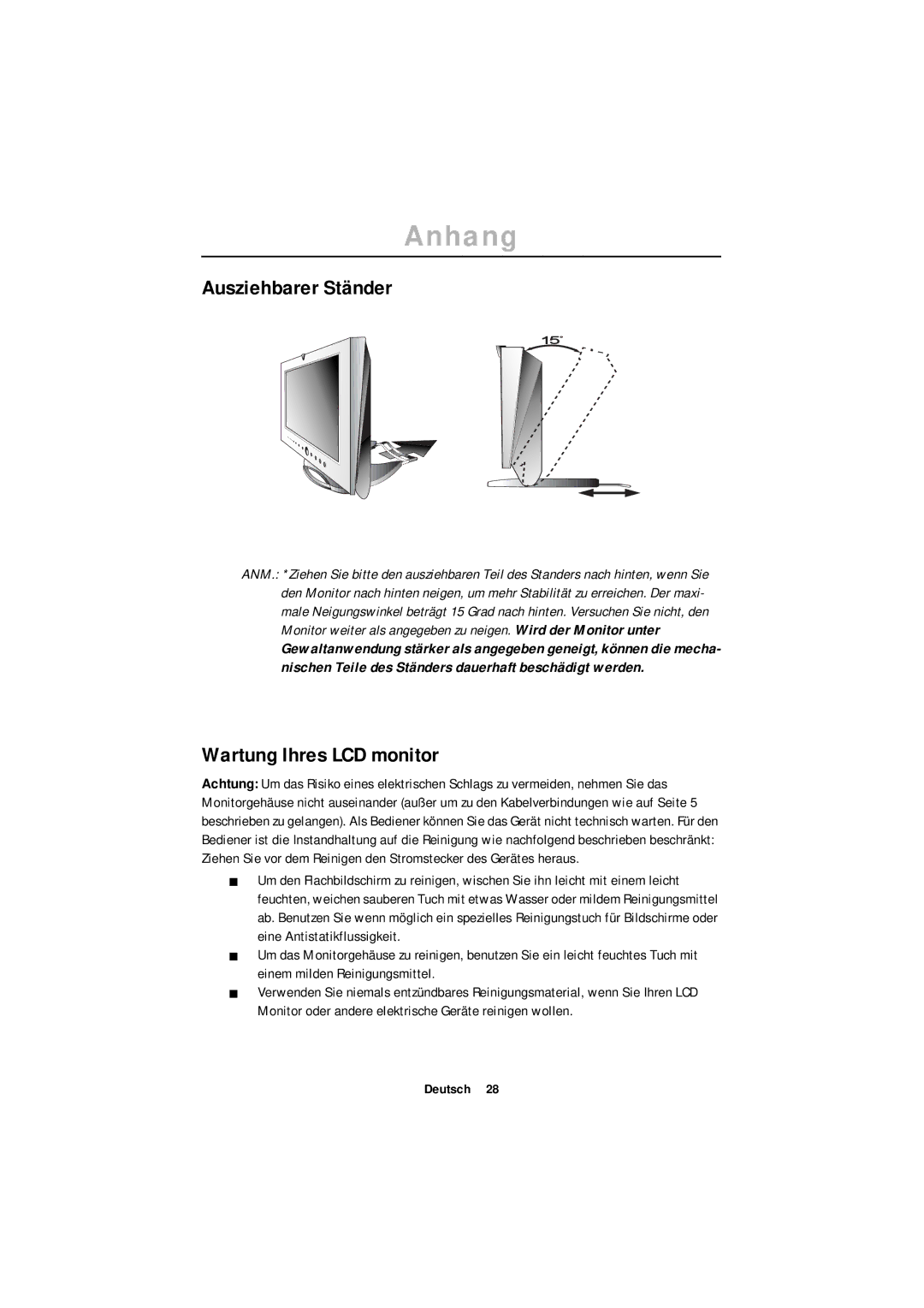 Samsung ML15XSSS/NLV, ML15XSSS/EDC manual Ausziehbarer Ständer, Wartung Ihres LCD monitor 