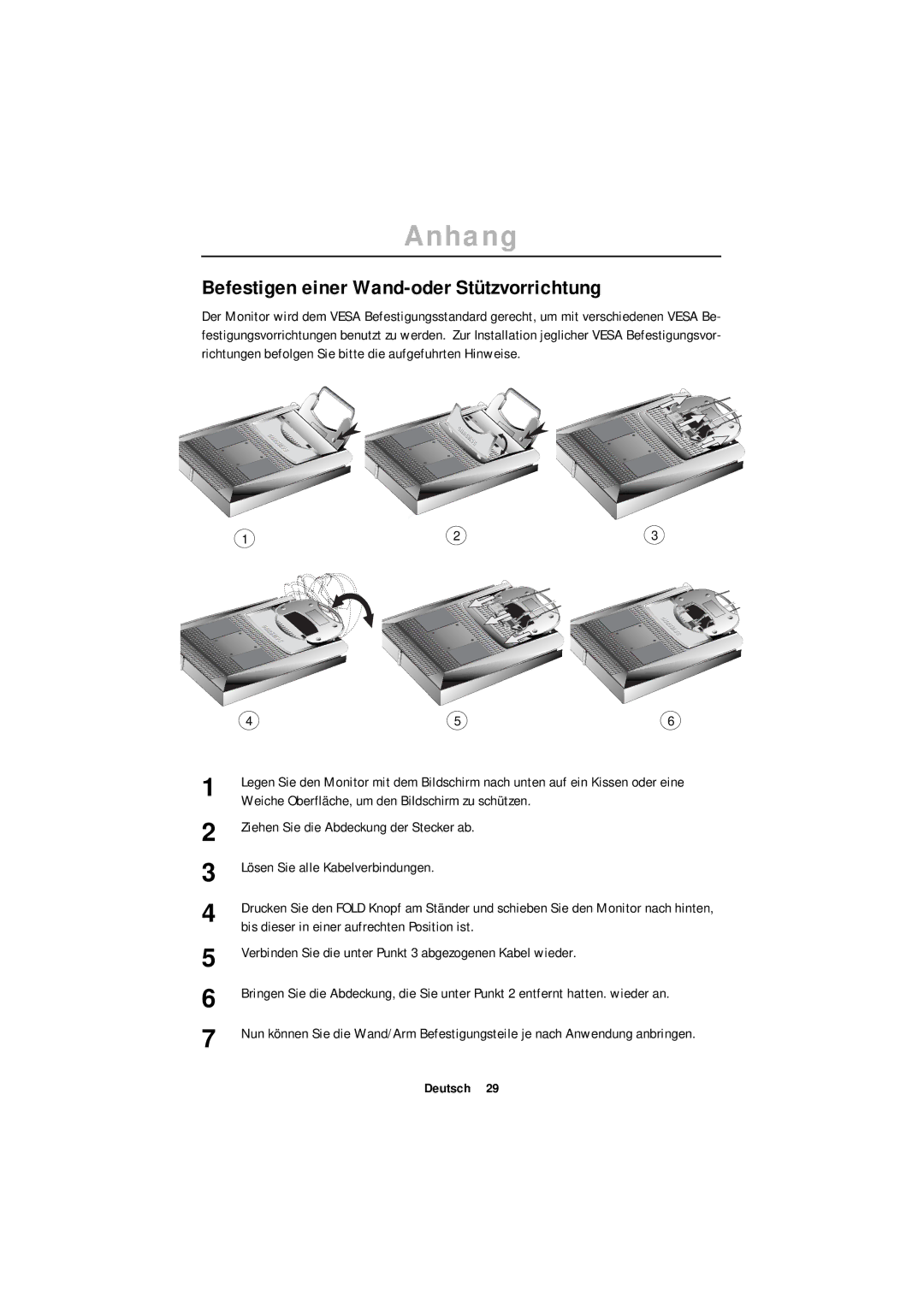 Samsung ML15XSSS/EDC manual Befestigen einer Wand-oder Stützvorrichtung, Bis dieser in einer aufrechten Position ist 