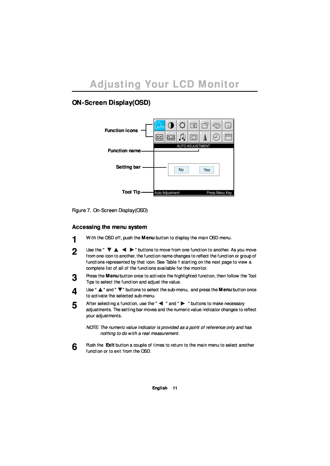 Samsung ML17ASSSS/EDC ON-Screen DisplayOSD, Accessing the menu system, Function icons Function name Setting bar Tool Tip 