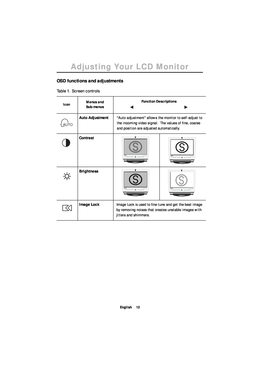 Samsung ML17XSSS/EDC OSD functions and adjustments, Auto Adjustment, Contrast, Brightness, Image Lock, Icon, Menus and 