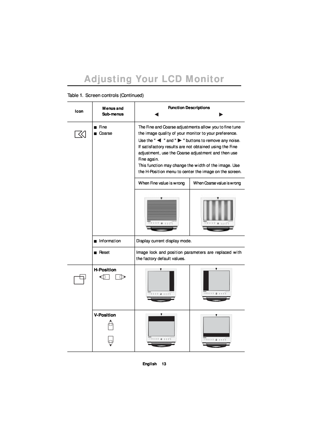Samsung ML17ASSS/EDC, ML17ASSSS/EDC, ML17XSSS/EDC, ML17XSSSS/EDC manual Fine, Coarse, Adjusting Your LCD Monitor 
