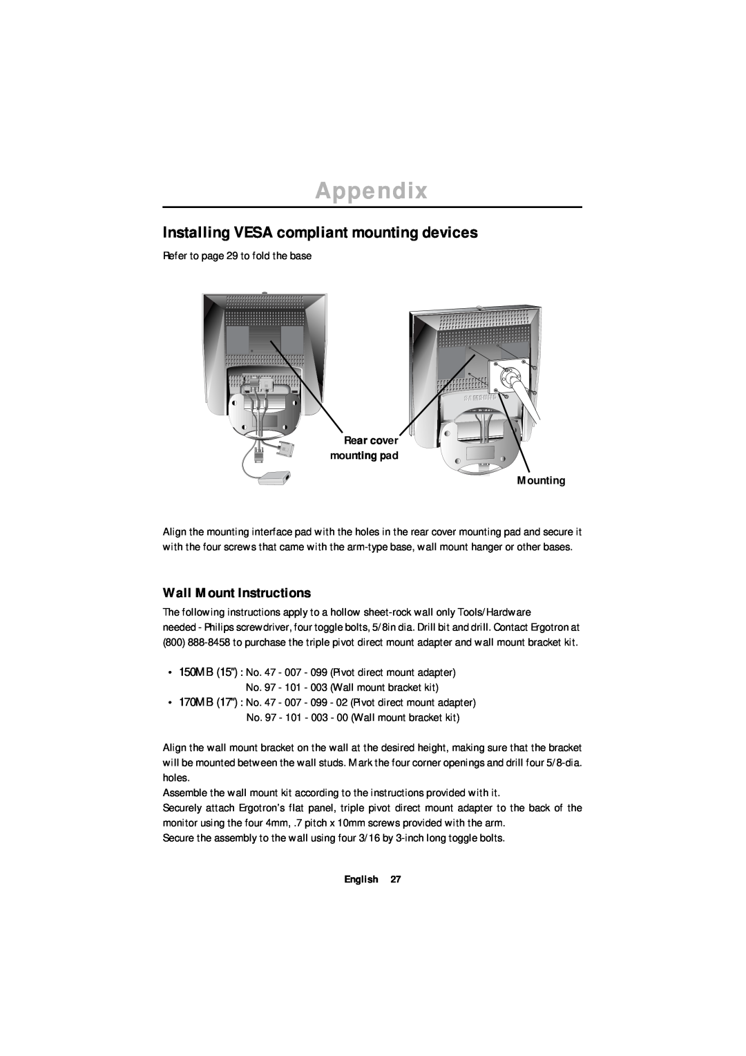 Samsung ML17XSSSS, ML17ASSS/EDC Installing VESA compliant mounting devices, Wall Mount Instructions, Mounting, Appendix 