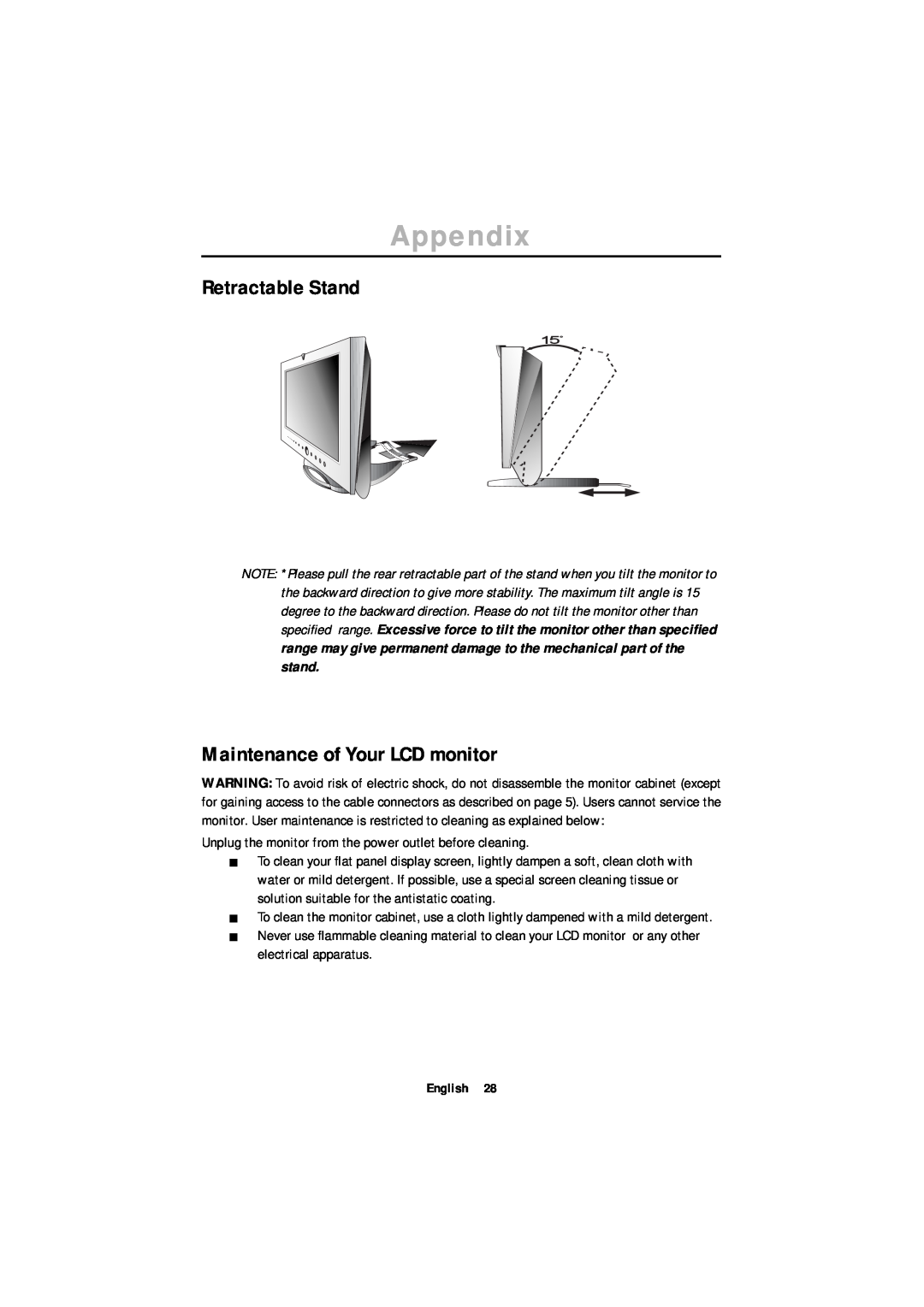 Samsung ML17ASSS/EDC, ML17ASSSS/EDC, ML17XSSS/EDC Retractable Stand, Maintenance of Your LCD monitor, Appendix, English 